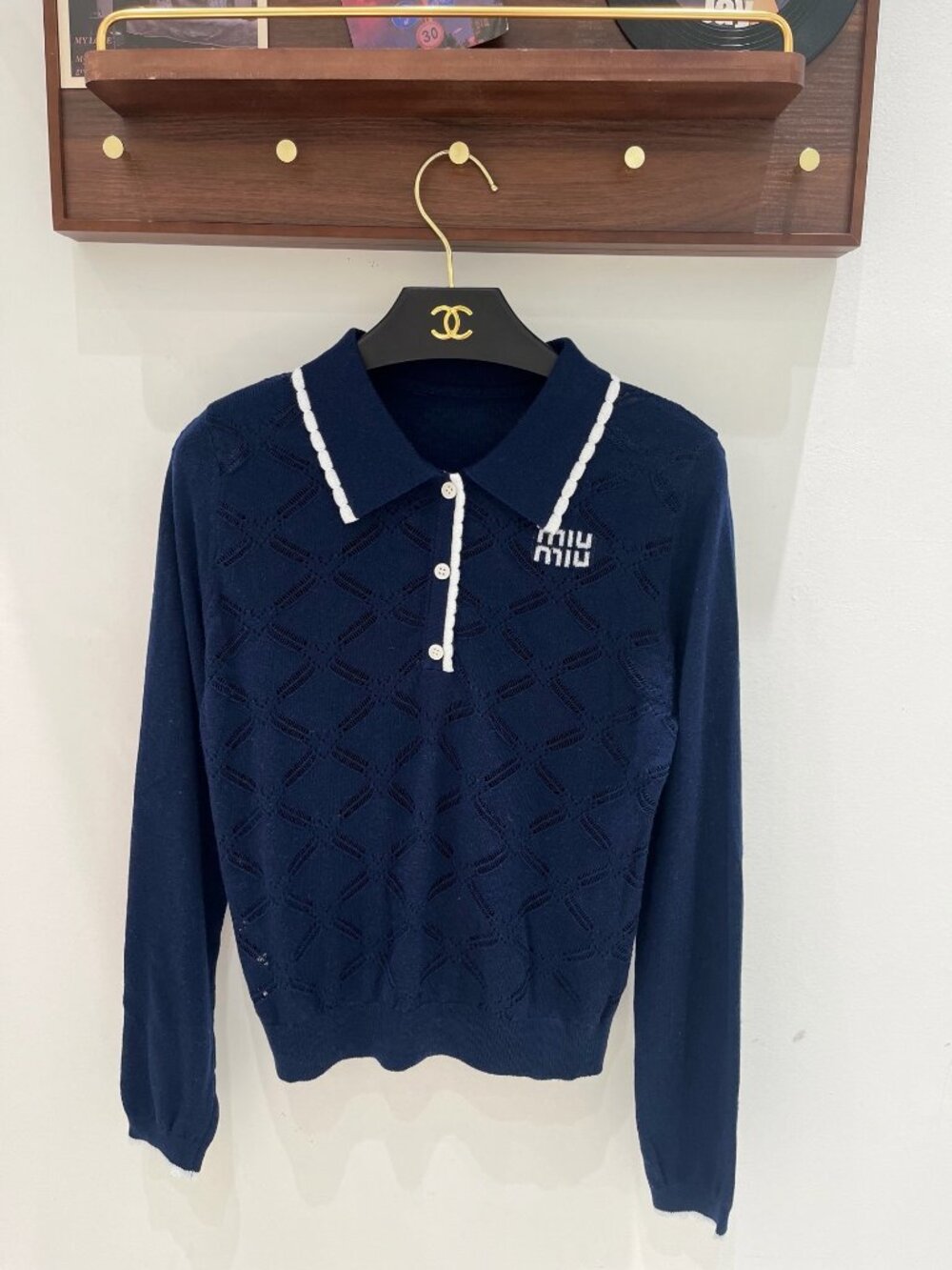 Miu Miu Navy Blue Long Sleeve Knit Polo with White Trim